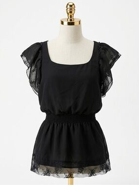 Nicolette Black Lace Flutter Sleeve Smocked Peplum Blouse Boho Whimsigoth Size M